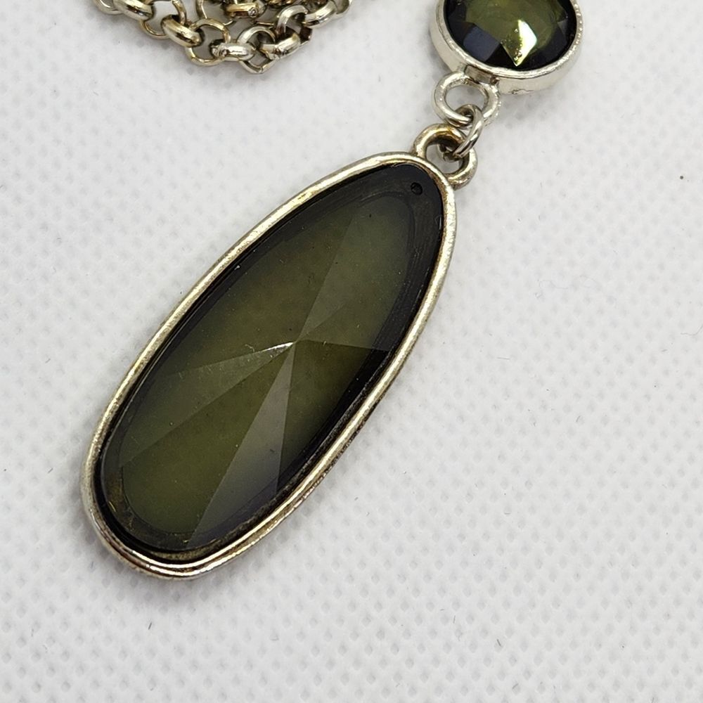 🔺️Silver Tone Chain & Green Beaded Drop Necklace - Picture 10 of 16
